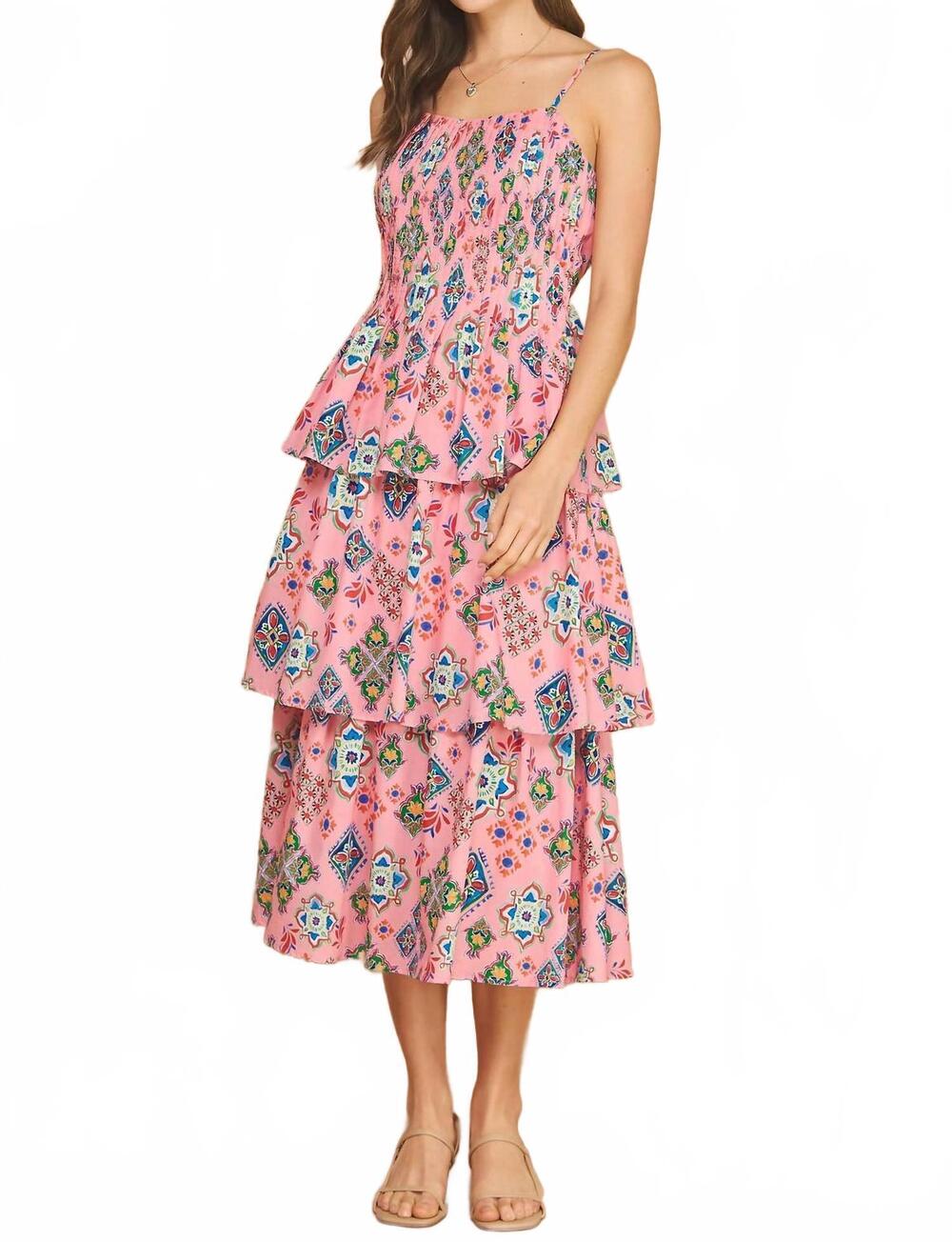 NEW STRUT & BOLT printed pintucked tiered midi dress in pink multi